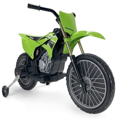 12V Kawasaki Electric Motorcycle for Kids Ages 3–6, Officially Licensed, Foot Pedal, Automatic Brake, Training Wheels, Motocross Design | INJUSA