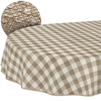 Washable Oval Tablecloth 240 x 140 cm, Hemmed, Beige Plaid