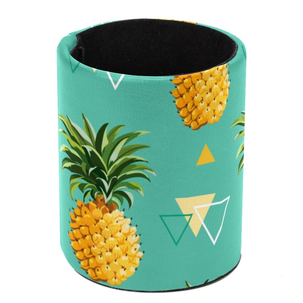 Pineapple and Plam Round PU Leather Desk Organizer, Large Capacity Pen Holder Cup
