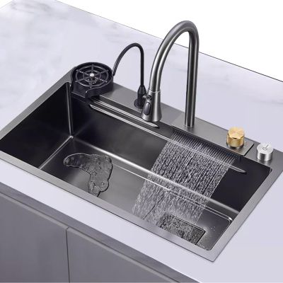 YOtat Black Kitchen Sink with Waterfall Faucet, Cup Washer and Accessories, 68 x 45 cm