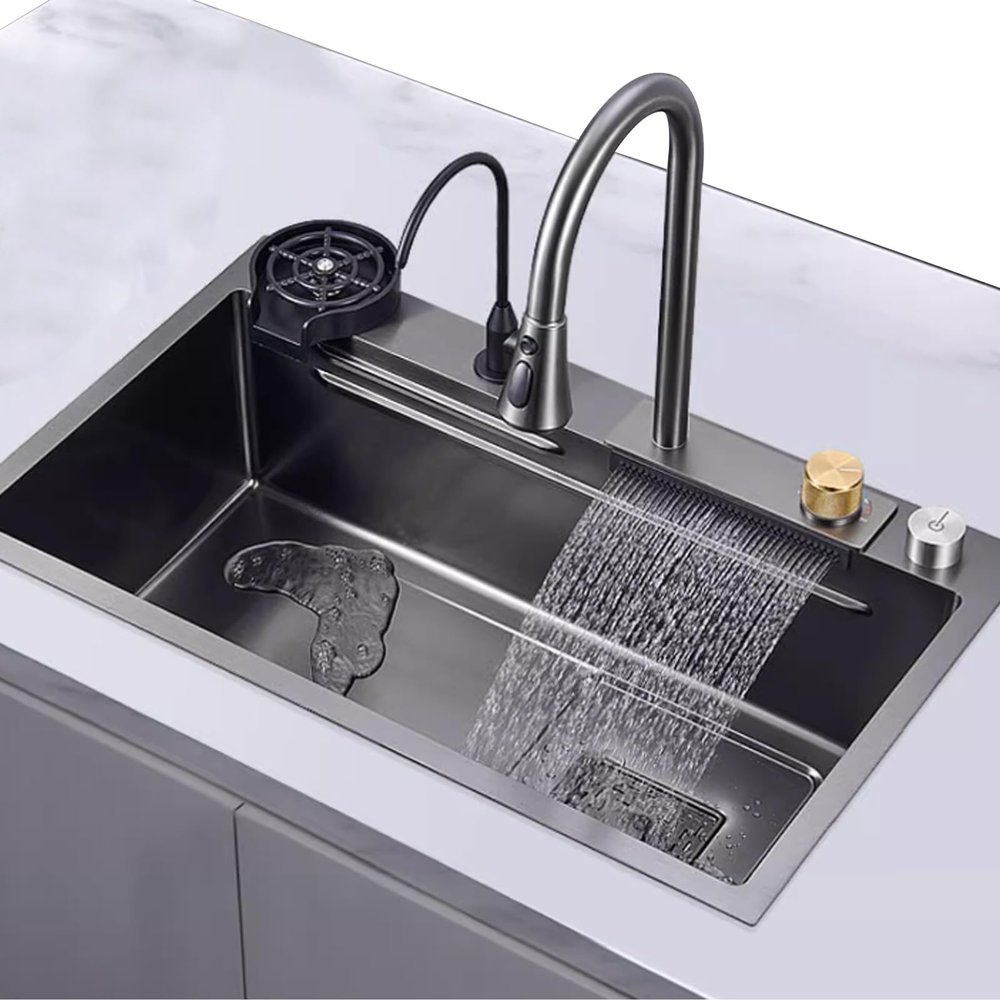 YOtat Black Kitchen Sink with Waterfall Faucet, Cup Washer and Accessories, 68 x 45 cm