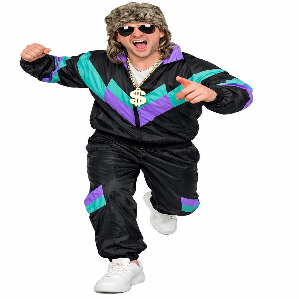 Foxxeo Men's 1980s Tracksuit Costume - Black/Green/Purple, Basic Version Without Pockets, Size 4XL