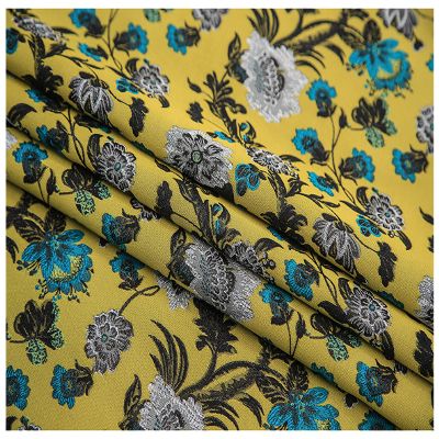 OqcEha Embroidered Damask Satin Jacquard Fabric, Peony Pattern, 145 cm Wide, by the Meter, Red/Yellow