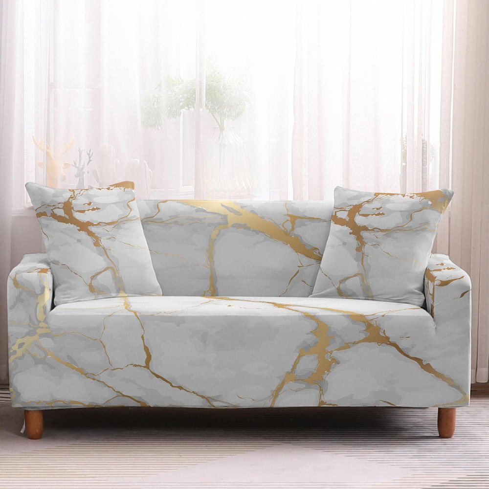 Gray and Gold Marble Stretch Sofa Cover, Washable Universal Couch Slipcover