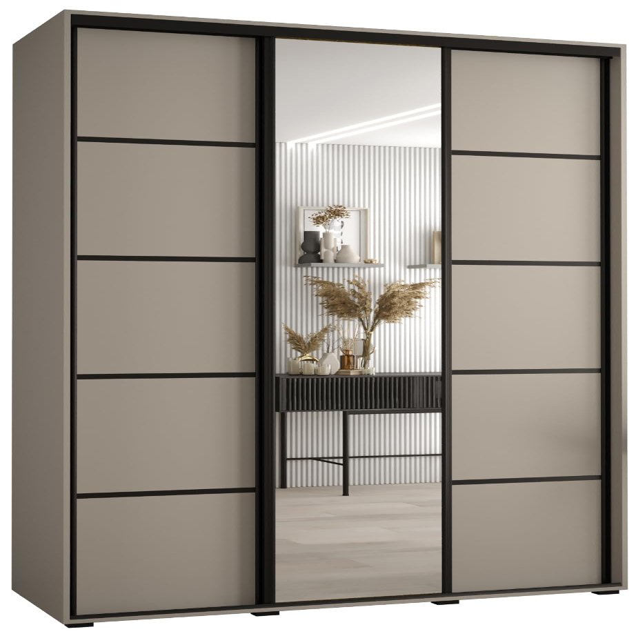 MEBLE KRYSPOL Dakota 5 Wardrobe with Three Sliding Doors, Mirror, Clothes Rail and Shelves, 235.2 x 150 x 60 cm, Cashmere Black