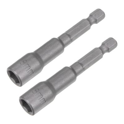 Magnetic Hex Socket, 8 mm, 65 mm, 1/4 in. Hex Shank, CR-V Steel, 2-Pack