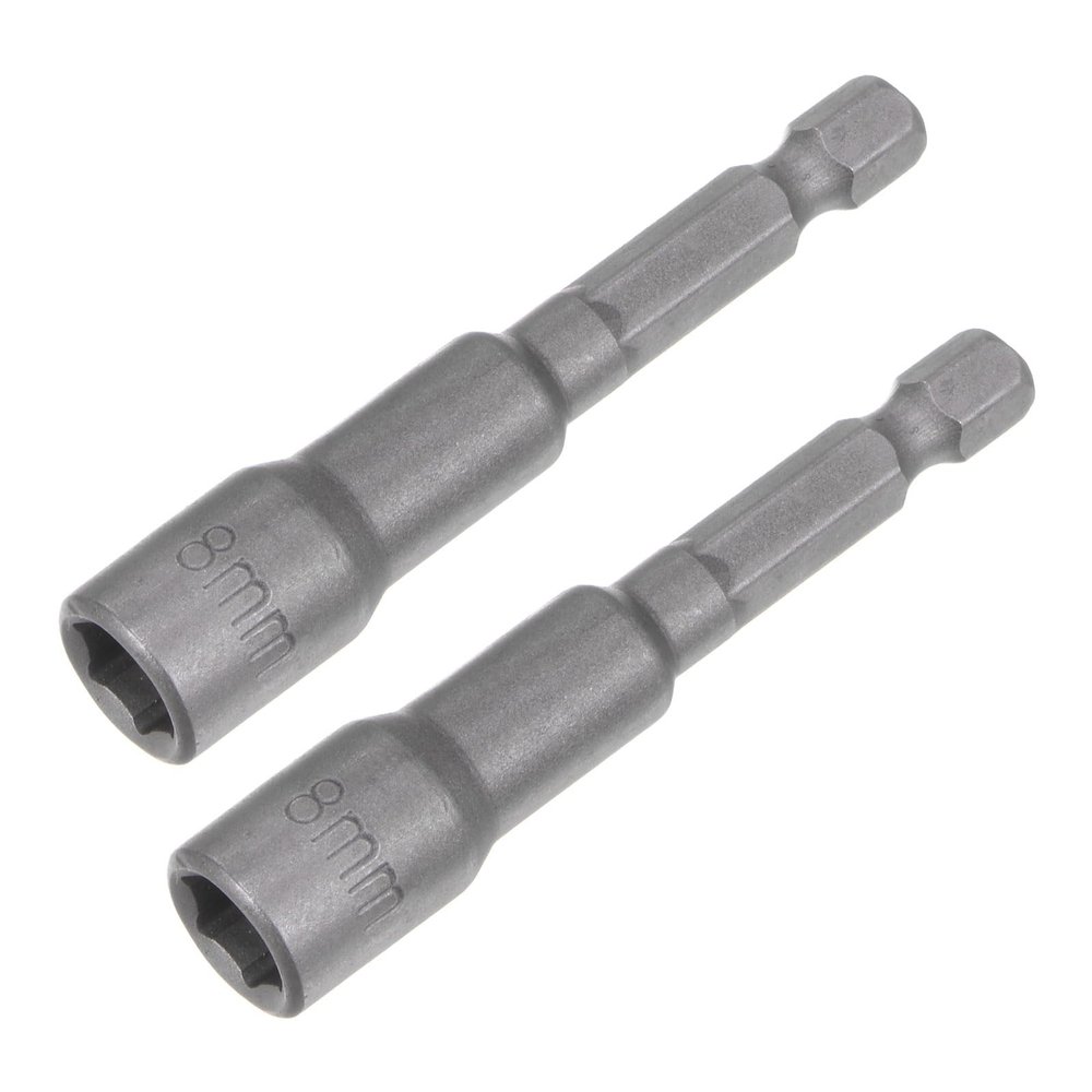Magnetic Hex Socket, 8 mm, 65 mm, 1/4 in. Hex Shank, CR-V Steel, 2-Pack