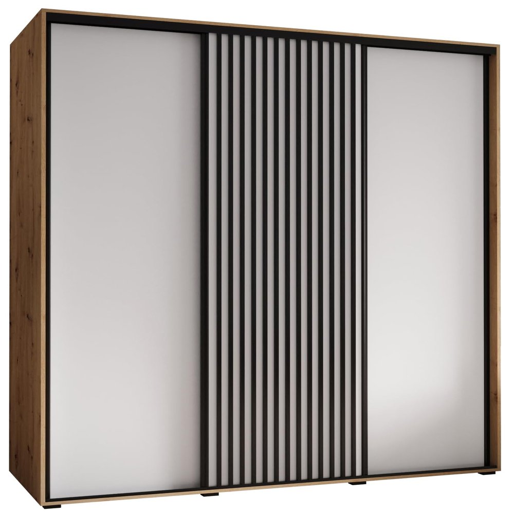 MEBLE KRYSPOL Sapporo 1 Modern Wardrobe with Three Sliding Doors, Rod and Shelves, 205.2 x 190 x 60 cm, Artisan White/Black