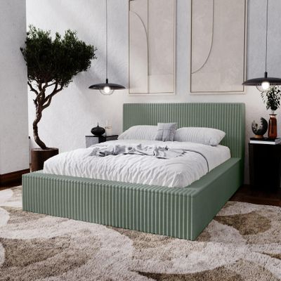 Emporius Buffy Upholstered Bed 200 x 200 cm with Thick Foam, Slatted Base and Storage Box, Olive Vito 77