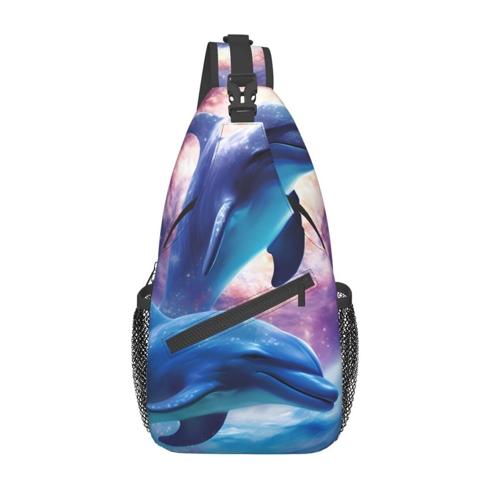 BTCOWZRV Galaxy Dolphins Sling Backpack, Adjustable Crossbody Chest Bag, Black, One Size