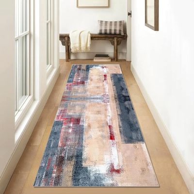 Siunwdiy Non-Slip Runner Rug for Hallway/Kitchen, 140 x 440 cm, Blue-Gray/Coral Pink/Red, Washable Abstract Patchwork