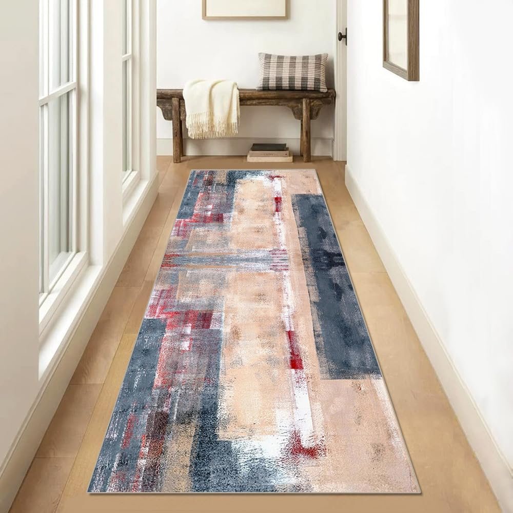 Siunwdiy Non-Slip Runner Rug for Hallway/Kitchen, 140 x 440 cm, Blue-Gray/Coral Pink/Red, Washable Abstract Patchwork