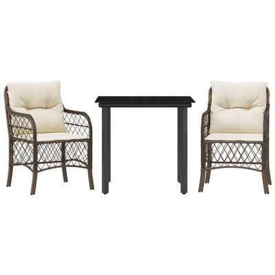 vidaXL 3-Piece Bistro Set with Cushions, Brown Poly Rattan