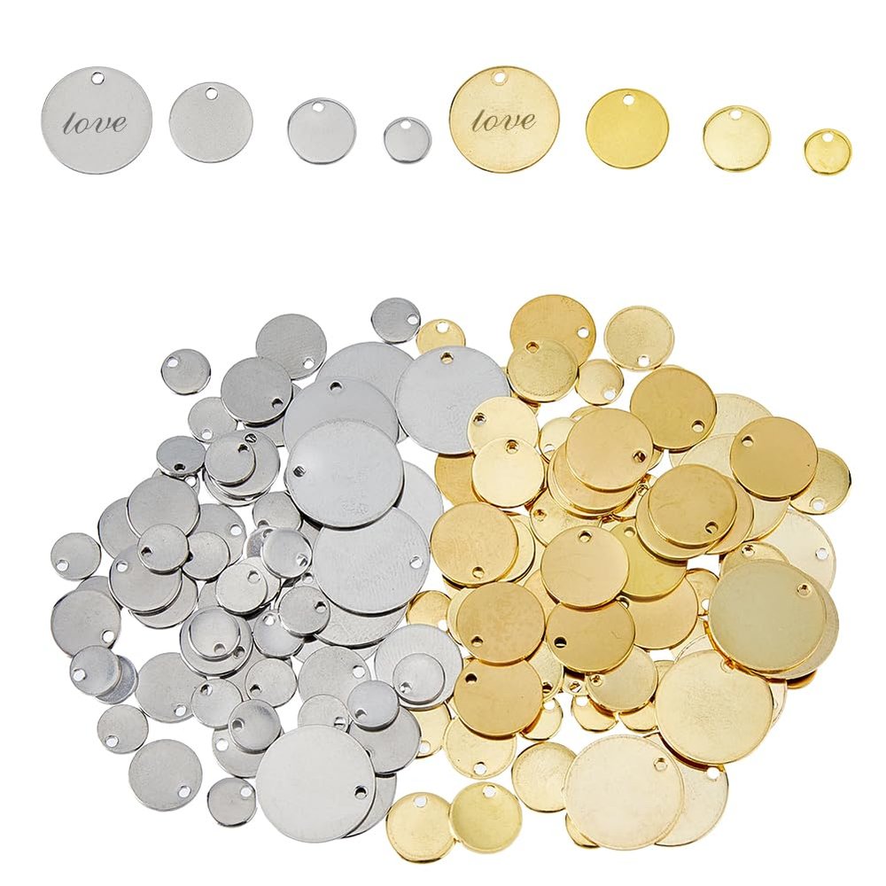 DICOSMETIC 160-Piece Round Stainless Steel Charms, 4 Sizes, Gold-Tone, 1.4 mm Hole