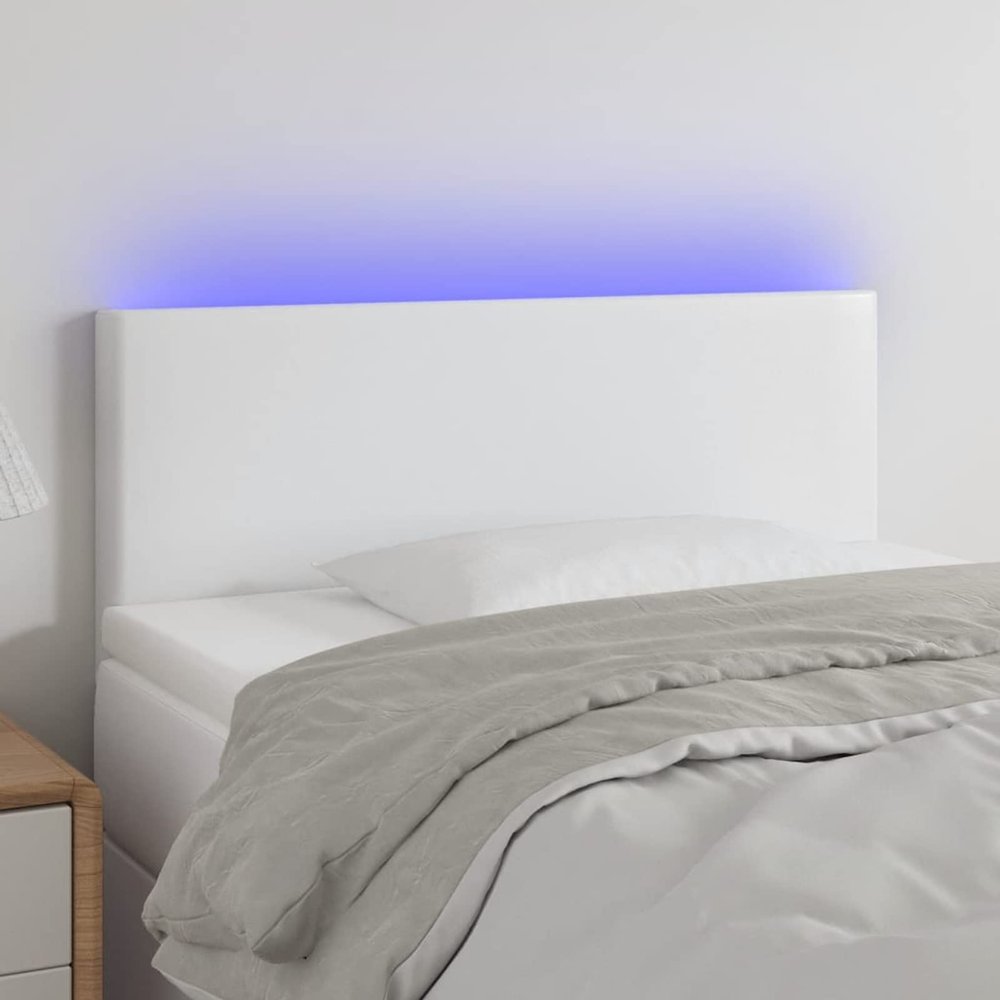 Rantry LED Headboard with Wooden Legs, Height-Adjustable, White Faux Leather, 100 x 5 x 78/88 cm