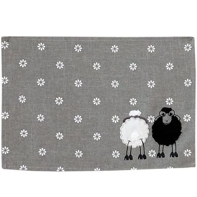 BRENDA Spring Table Runner with Sheep and Flower Embroidery, Gray/White, 35 x 50 cm