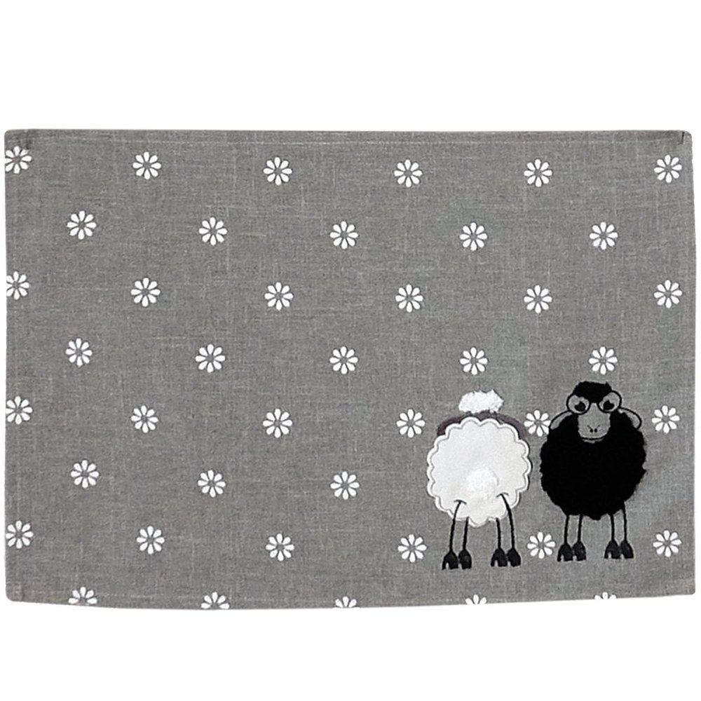 BRENDA Spring Table Runner with Sheep and Flower Embroidery, Gray/White, 35 x 50 cm
