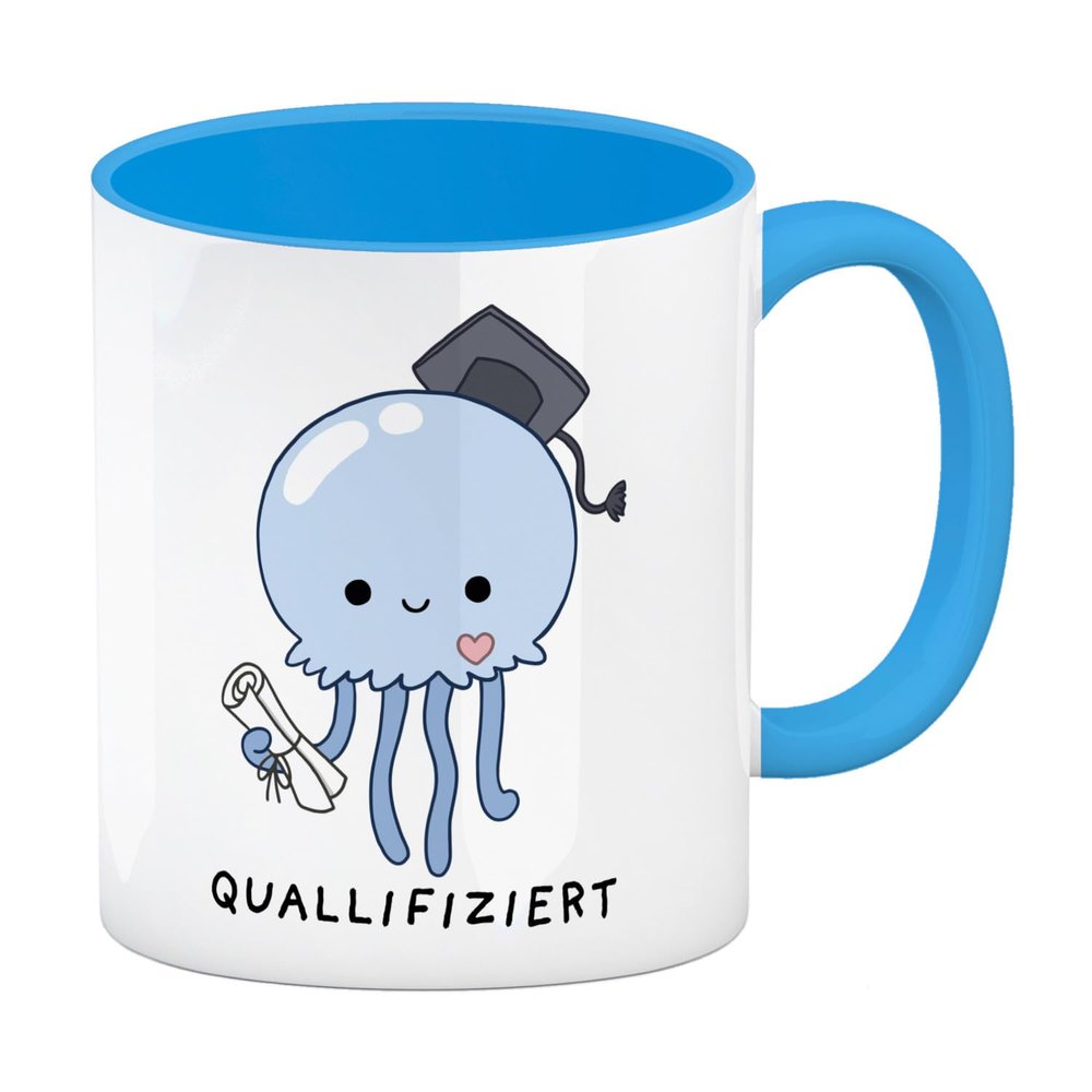 Jelly & Friends Light Blue Jellyfish Coffee Mug with “Quallifiziert” Slogan