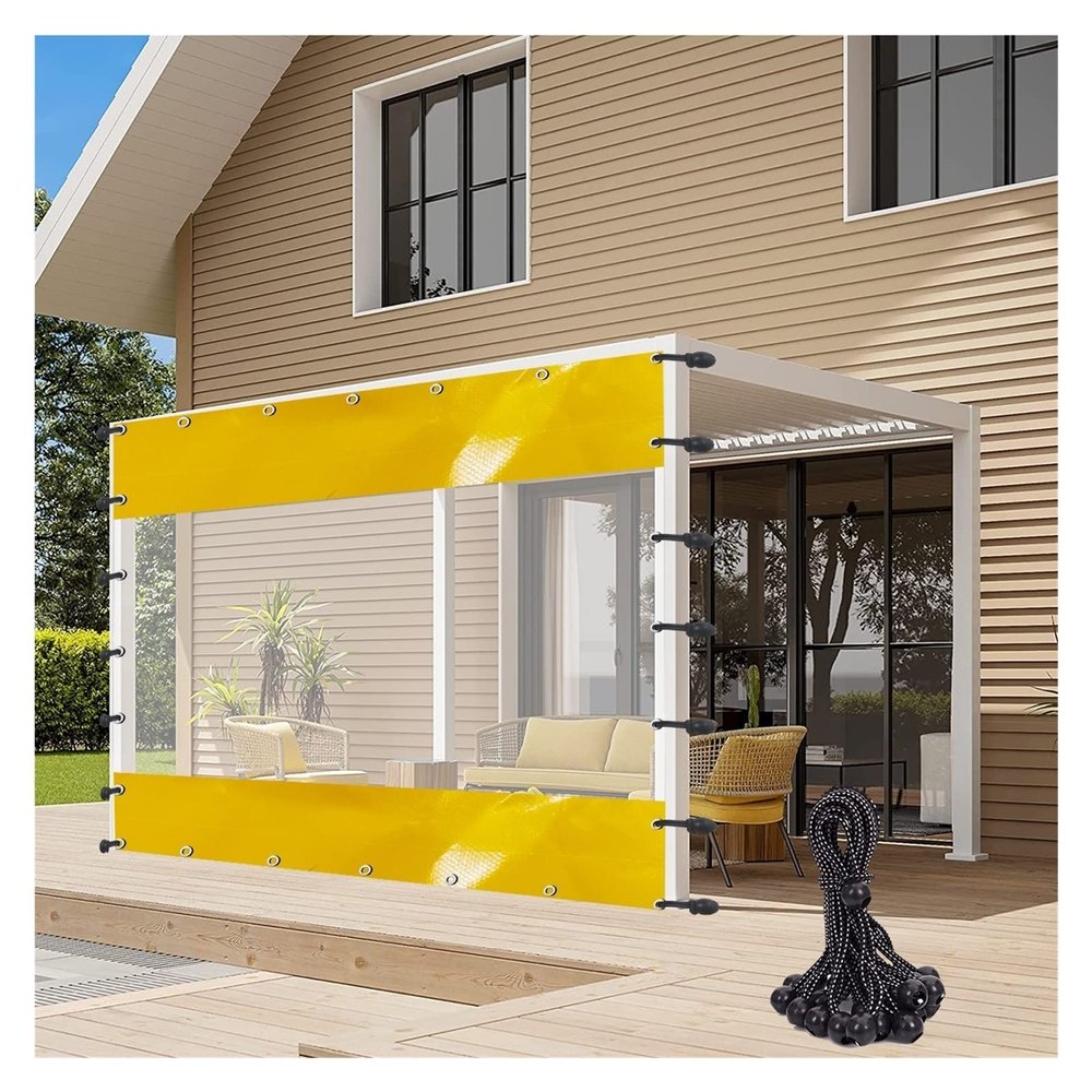LGJEGD 0.5 mm Thick Yellow and Clear Waterproof PVC Gazebo Curtains with Grommets and 10 Bungee Balls, 18.37 x 8.86 ft / 5.6 x 2.7 m