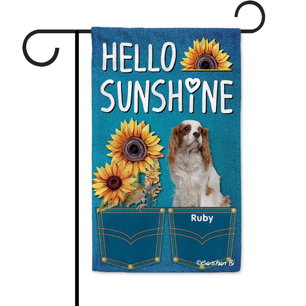 Ganshan Bi Hello Sunshine Sunflowers Cavalier King Charles Spaniel Garden Flag, Customizable, Dog, Spring, Summer, Jeans, Printed Banner, Outdoor Flag, 32.5 x 45.7 cm
