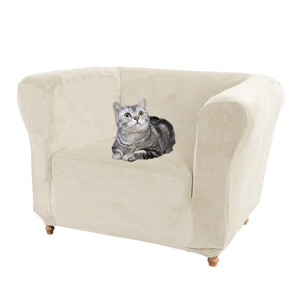 SYLC Velvet Stretch Chesterfield Sofa Cover with Seat Cushion Cover, Anti-Slip, Beige, Chair