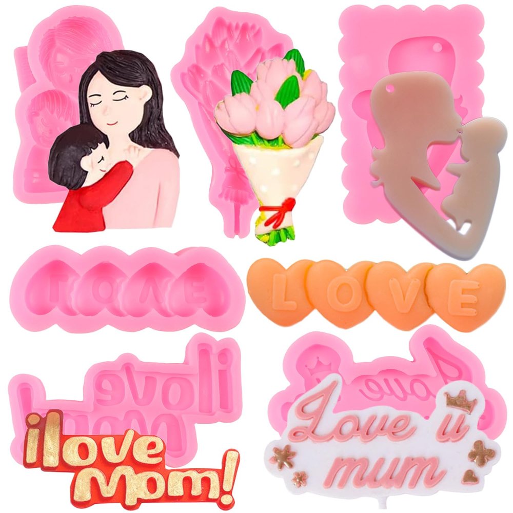 FCKEMLDS Mother's Day Fondant Silicone Mold Set, “I Love Mom,” Mother and Child, Tulip, Heart, 6-Piece