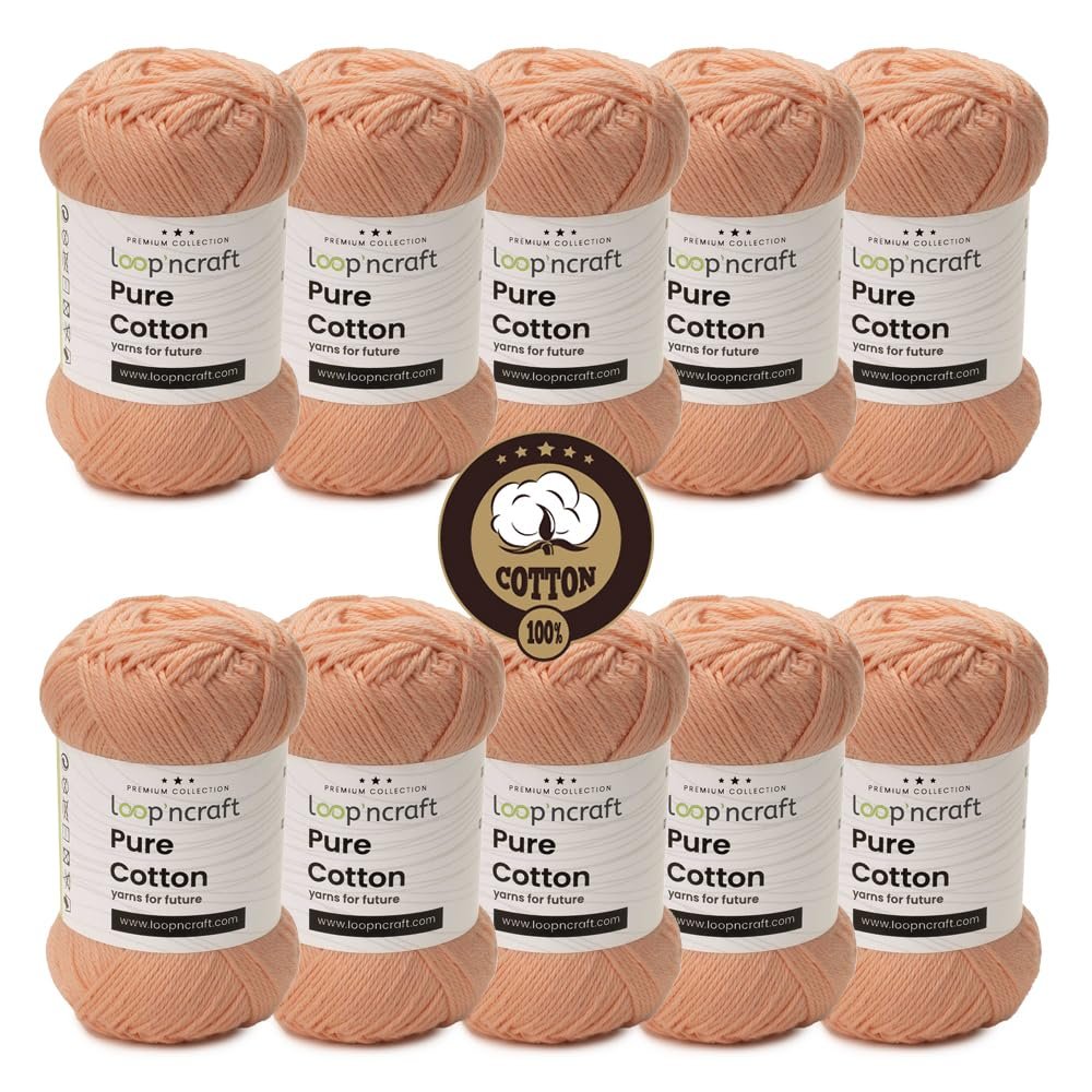 Pure Cotton 10-Piece Set, Salmon, Loopncraft, 10 x 50 g, Amigurumi Yarn, Premium Combed Cotton