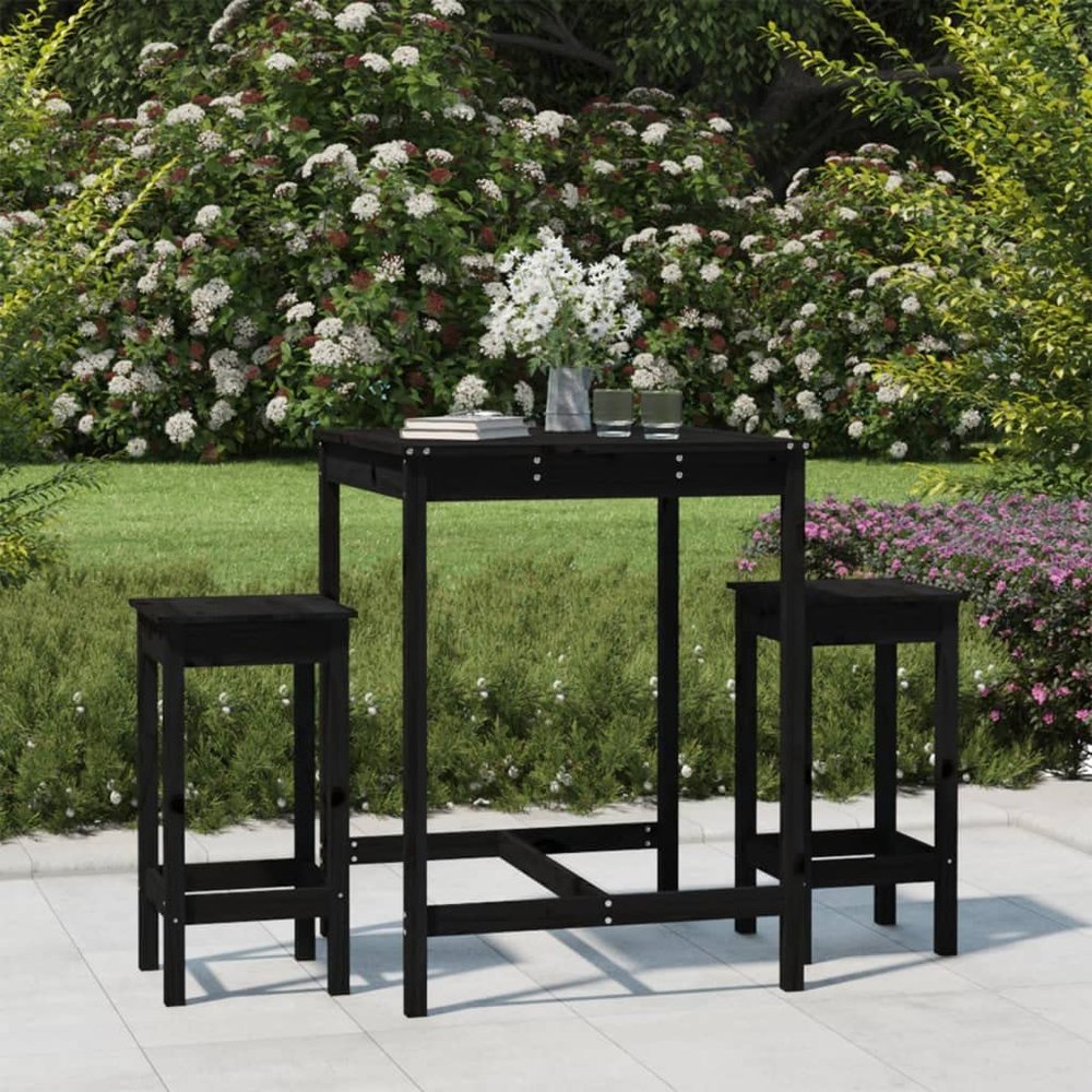 3-Piece Black Solid Pine Wood Garden Bar Set