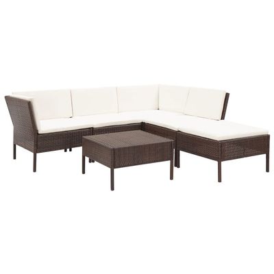 6-Piece Brown Poly Rattan Garden Lounge Set with Cushions, Glass Tabletop and 4 Chairs