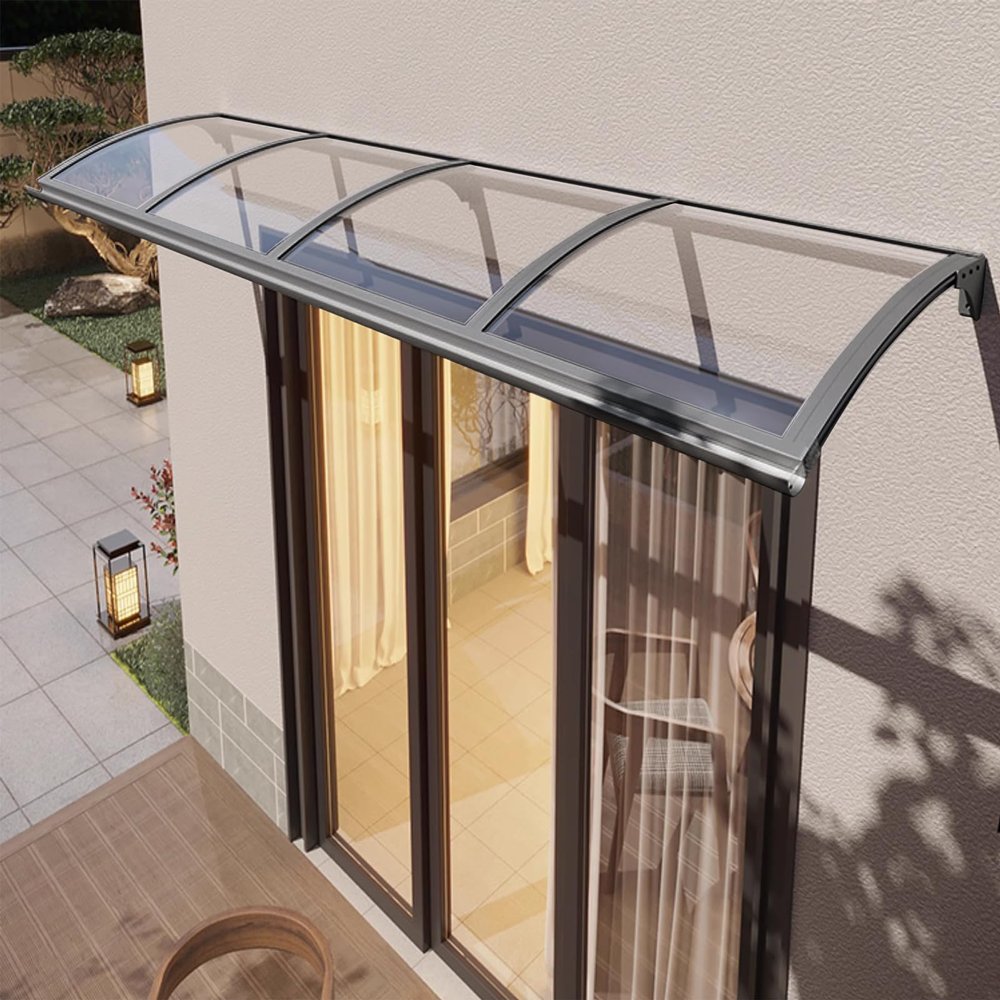 Front Door Awning, 2.5 mm Clear Polycarbonate, Gray Aluminum Frame, 100 x 360 cm