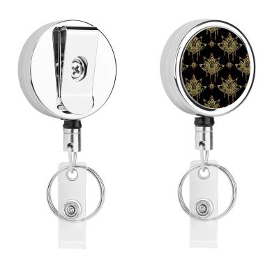 Retractable Metal ID Badge Holder with Belt Clip and Key Ring, Flower