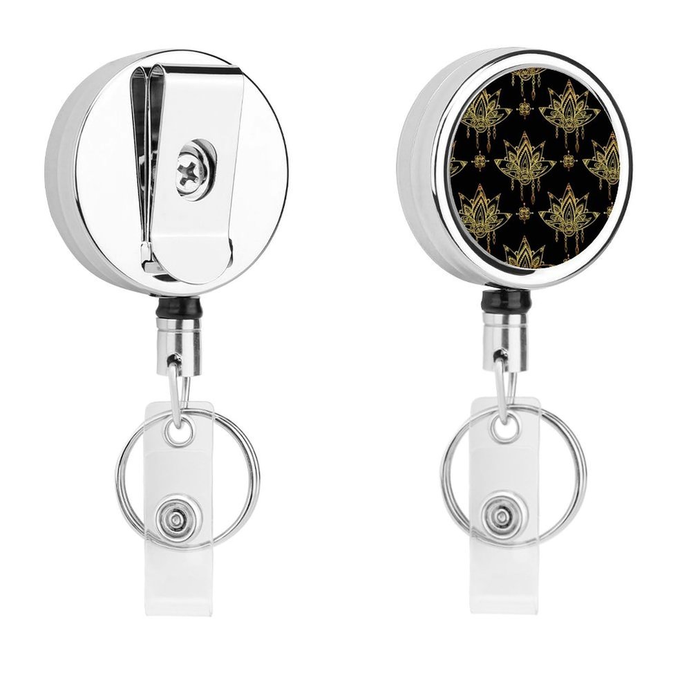 Retractable Metal ID Badge Holder with Belt Clip and Key Ring, Flower