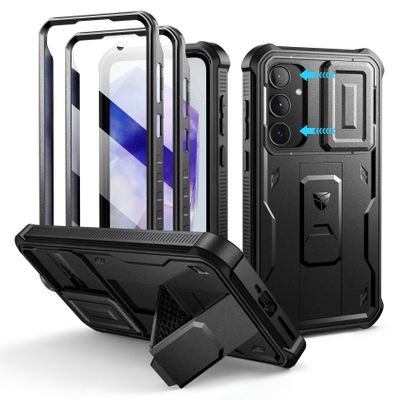Dexnor Case Compatible with Samsung Galaxy A55 5G, with Sliding Camera Cover, Screen Protector and Kickstand, Rugged Full-Body Shockproof Case, Black