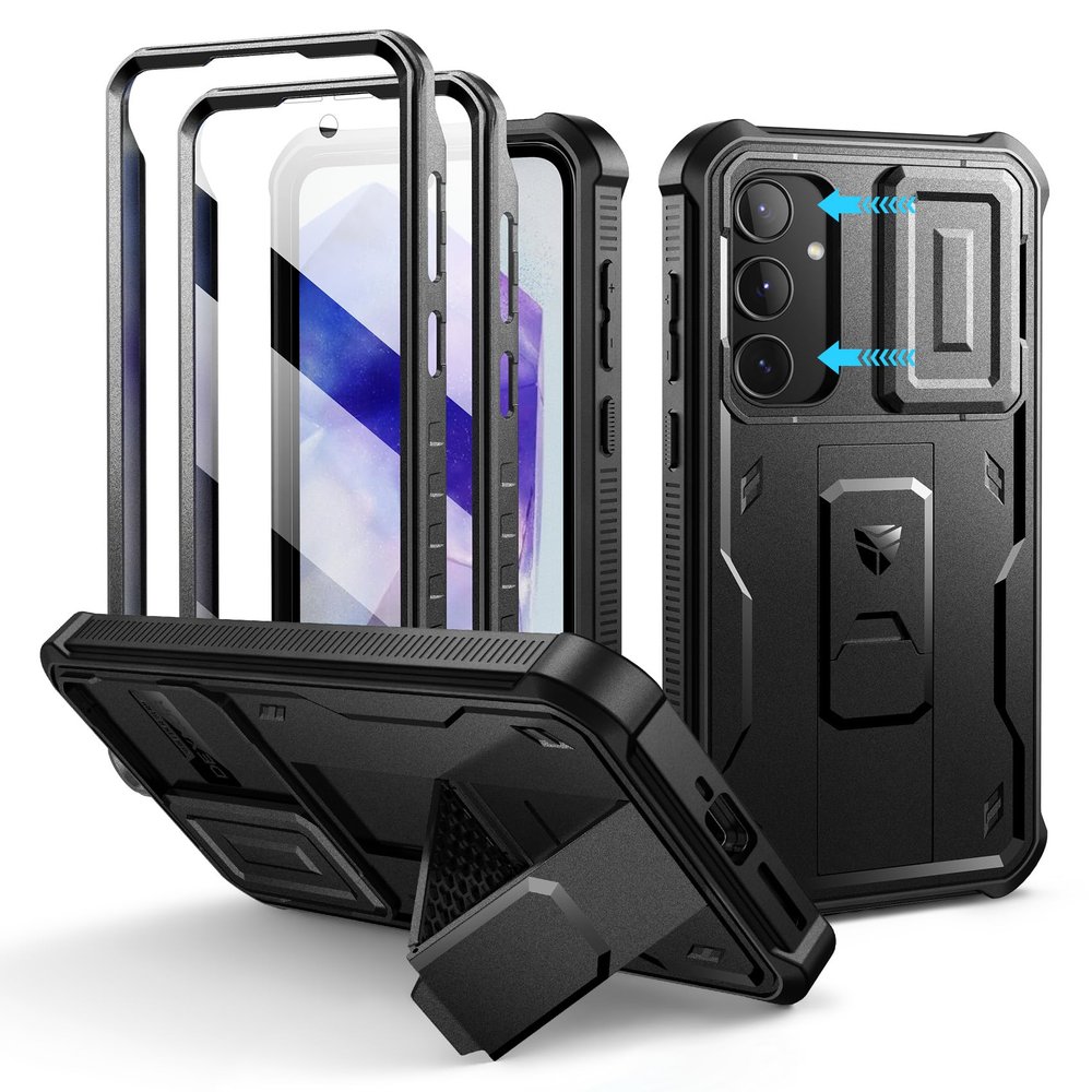 Dexnor Case Compatible with Samsung Galaxy A55 5G, with Sliding Camera Cover, Screen Protector and Kickstand, Rugged Full-Body Shockproof Case, Black