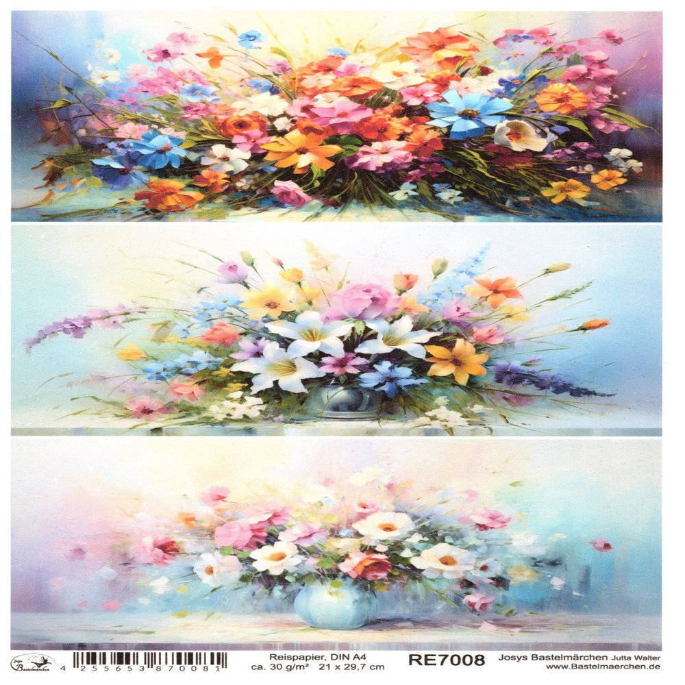 Josy's BastelMärchen A4 Rice Paper, Straw Silk, Colorful Bouquet RE7008