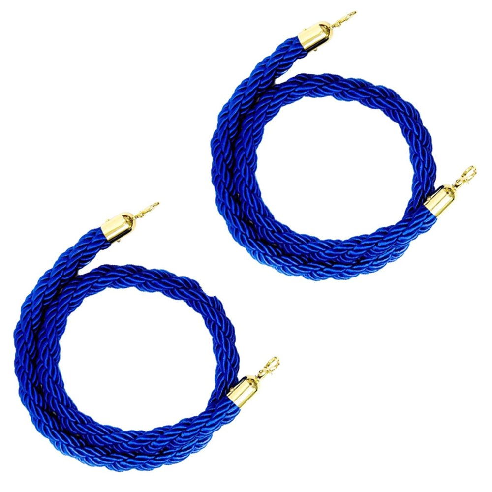 Blue Braided Rope Barrier with Gold Hooks, VIP Stanchion Rope, 150 cm/4.9 ft