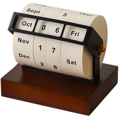 Wooden Perpetual Desk Calendar with Rotating Month and Weekday Display