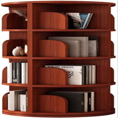 360° Rotating Bookshelf, Floor-to-Ceiling Retro Wooden Storage Rack for Living Room, Bedroom or Office, Round Teak Color (39 x 130.8 cm)