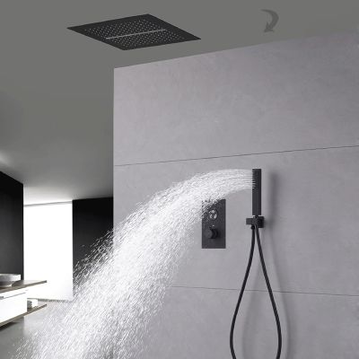 XJTNLB Matte Black Concealed Shower Faucet Set, 16-Inch Square Rain Shower Head with Hose, Dual-Function