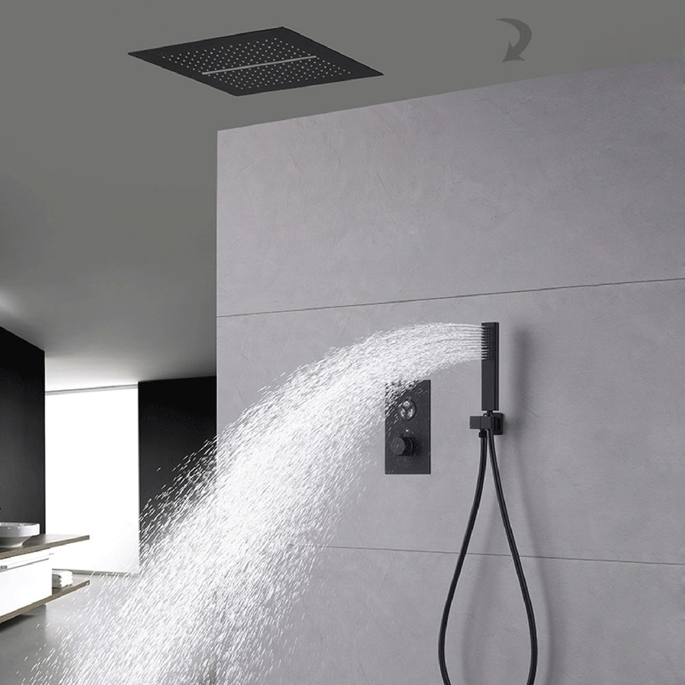 XJTNLB Matte Black Concealed Shower Faucet Set, 16-Inch Square Rain Shower Head with Hose, Dual-Function