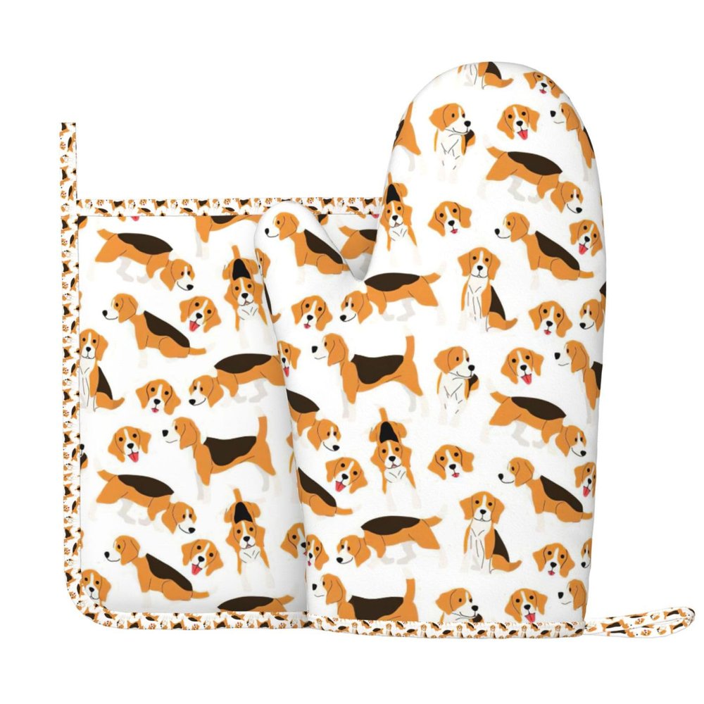2-Piece Beagle Dog Print Kitchen Set, Heat-Resistant Grill Gloves & Pot Holder