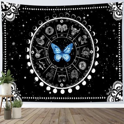 LB Blue Butterfly Moon Phase Constellation Mandala Tapestry, Black and White, 150 x 130 cm