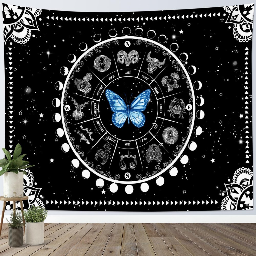 LB Blue Butterfly Moon Phase Constellation Mandala Tapestry, Black and White, 150 x 130 cm