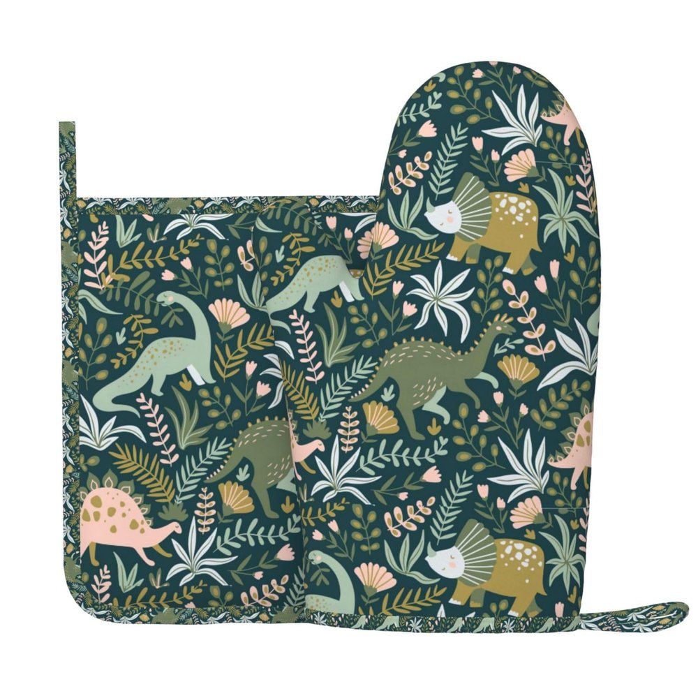 Wurton Dinosaur Print Oven Mitt and Pot Holder Set, 17.8 x 27.9 cm, 2-Piece, MC700