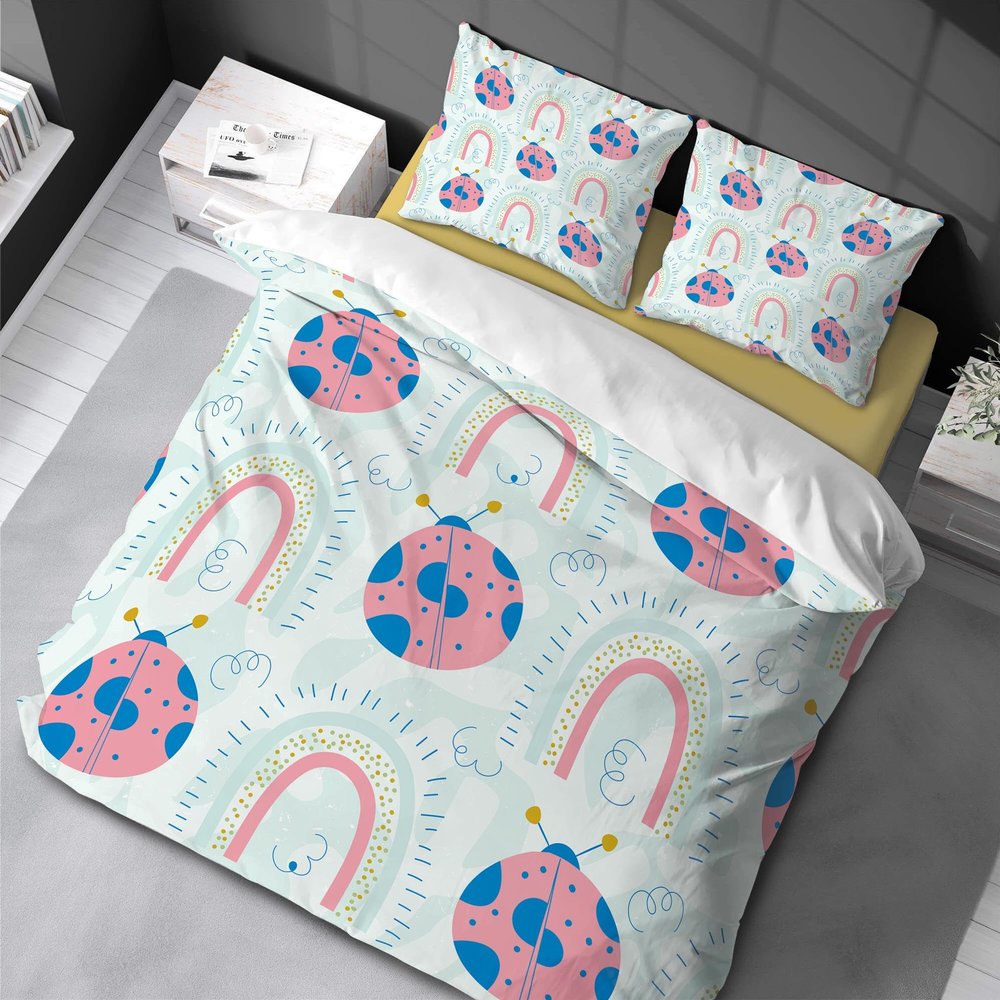 Blue Twin-Size Microfiber Duvet Cover Set for Children, Cartoon Design, 140 x 210 cm + 2 Pillowcases, 65 x 65 cm
