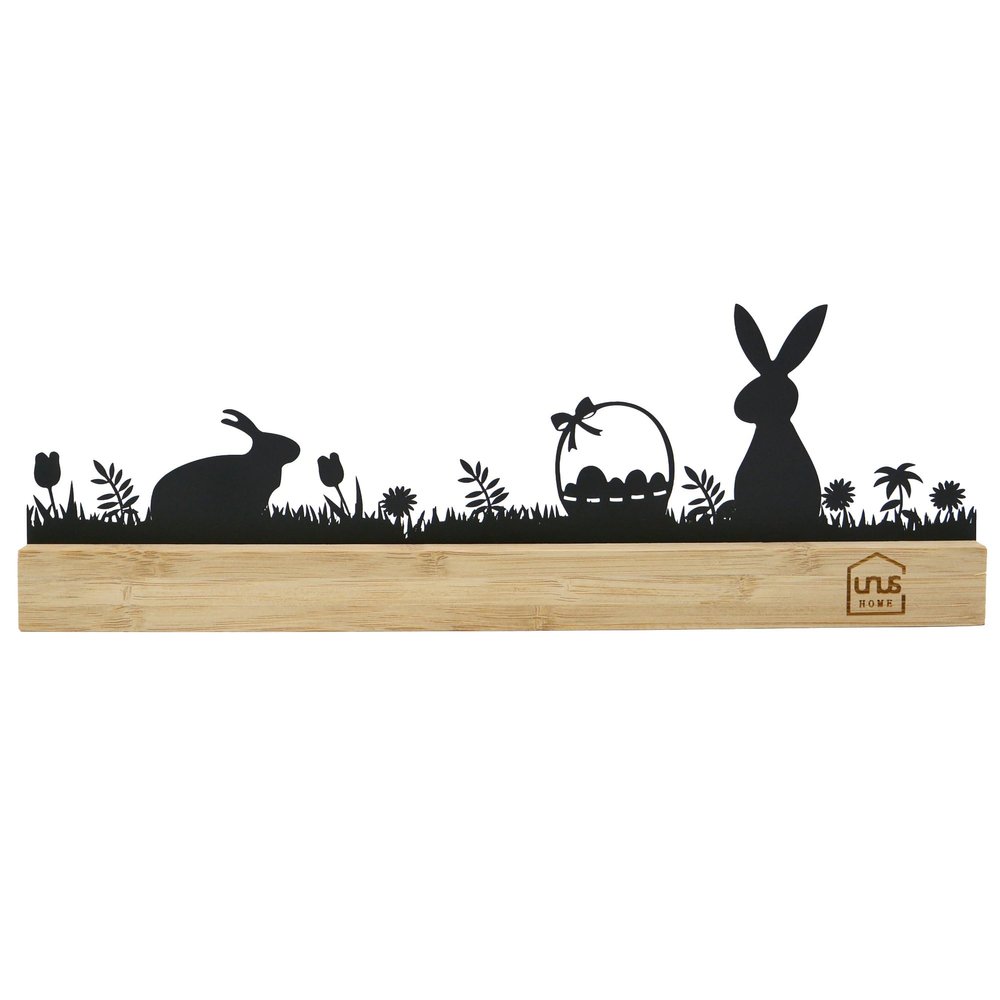 UNUS Black Easter Bunny Silhouette Display with Metal and Bamboo Wood
