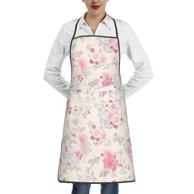 Apron for Women and Men, Water-Resistant, White with Vintage Pink Floral Print, One Size