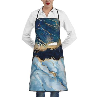 Cooking Apron for Women and Men, Water-Resistant Marble, Navy Blue, Mixed Prints, White, One Size