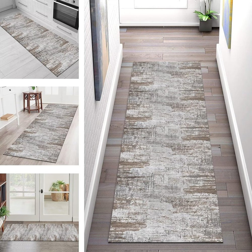 Gray-Brown Abstract Washable Runner Rug, Non-Slip, 90 × 140 cm