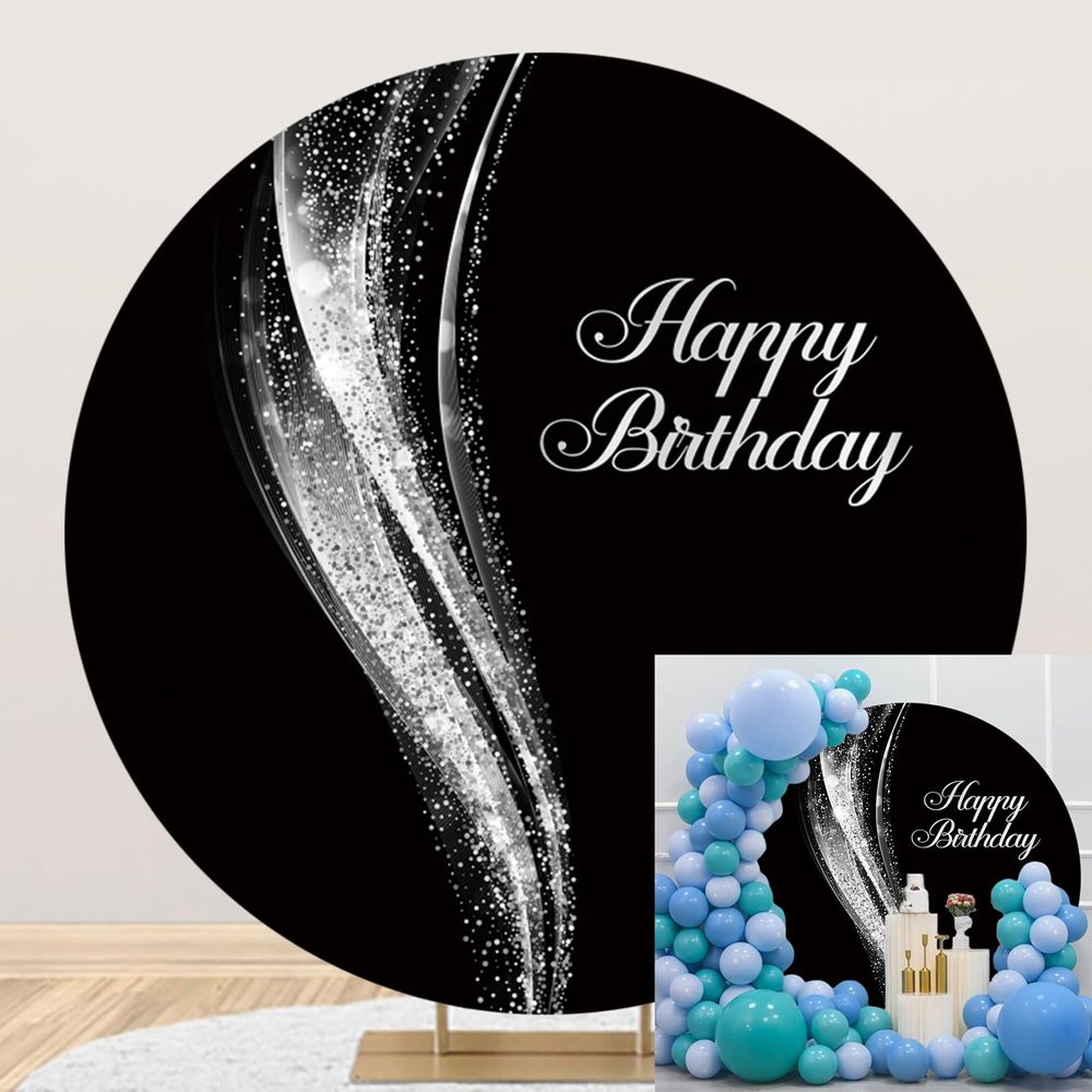 Ttincceer Happy Birthday Backdrop, 230 cm, Black and Silver, Sparkling Sequin Design